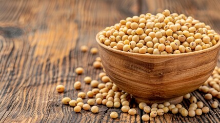 Fototapeta premium Close-Up of Raw Soybeans in Wooden Bowl on Rustic Table with Natural Texture and Warm Lighting