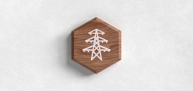 Strommast Icon auf Holz Hexagon Symbol f&uuml;r Energieversorgung Elektrizit&auml;t Strom Header Banner