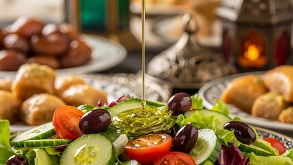 Fresh Mediterranean Salad with Olive Oil Drizzle and Ramadan Decorations.