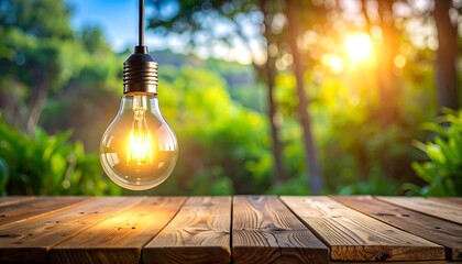 A lightbulb hangs over a wooden table in a forest