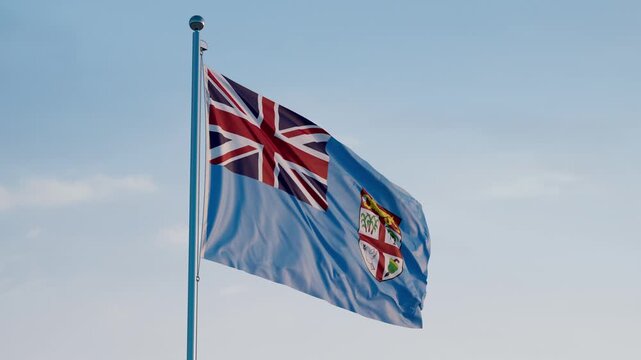 Fiji, Suva: Cinematic Waving National Flag Against Blue Sky