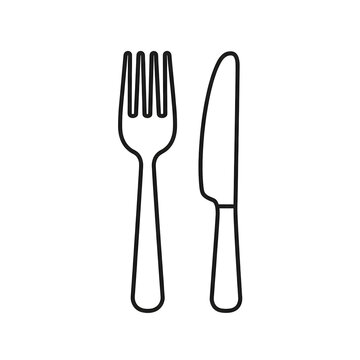 Simple line art of a fork and knife dining utensil set on transparent background