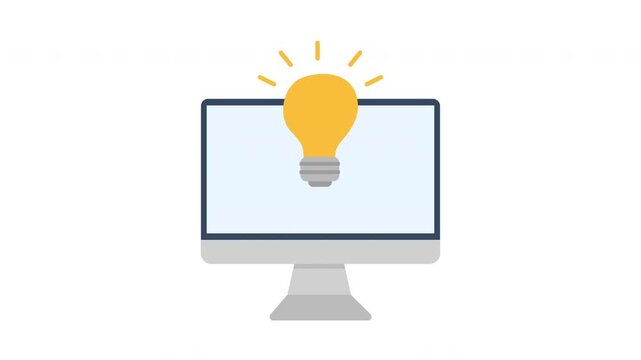 Animated a lightbulb glows on a computer screen illuminating ideas