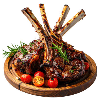 A close-up view of perfectly cooked cordero asado, highlighting the flavorful crust and tender meat fibers, isolated on a clean white background