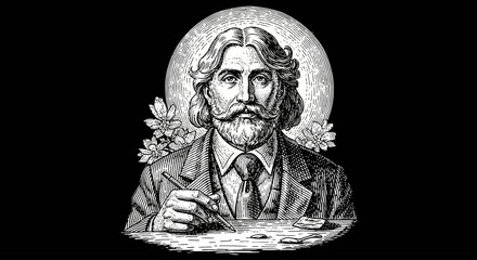 Fototapeta premium Vintage illustration of a creative male artist with a beard and long hair, holding a paintbrush and palette, illuminated by a full moon.