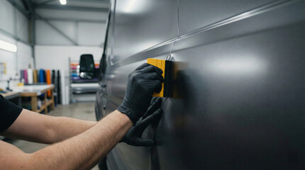Professional Vehicle Wrapper Applying Matte Grey Vinyl Film to a Van with Squeegee © keystep visuals