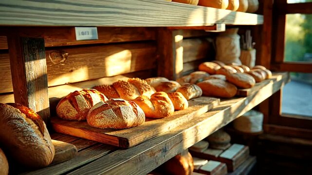 Warm Morning Bakery Scene with Freshly Baked Bread and Golden Light