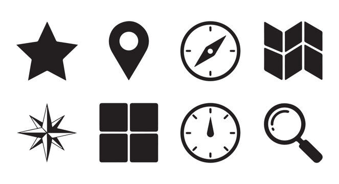 Collection of navigation and travel icons including a compass, location pin, and folded map