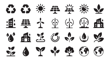 Sustainability icons collection with solar power wind energy recycling signs and diverse leaf plant silhouettes