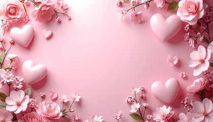 幸せを呼ぶ3Dハートと春のピンクフラワー：愛があふれる華やかなバナー背景