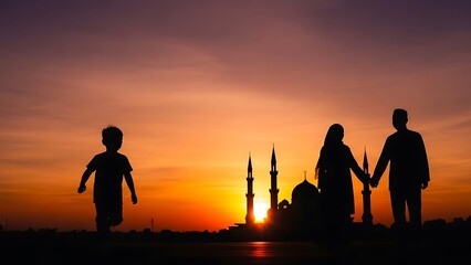 Silhouette of a family with a child and parents holding hands, walking towards a mosque at sunset, symbolizing faith, unity, and hope.