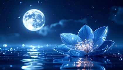 静寂な湖畔で輝くクリスタル・フラワー：満月の光を纏った神秘的な青い夜
