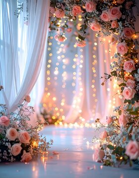 光の雫が降り注ぐローズアーチ：幻想的な縦構図のウェディング・フォトスポット背景