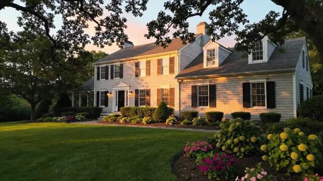 Elegant family residence adorned with vibrant flower beds and a meticulously manicured lawn, basking in the serene warmth of a golden hour twilight, exuding classic charm and peaceful domesticity