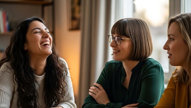 Three women laughing and talking together indoors.