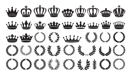 Crown and laurel wreath vector icon collection set for victory achievement awards and royal heraldry symbols © Stock