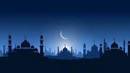 Ramadan Night Sky with Crescent Moon and Mosque Silhouettes.