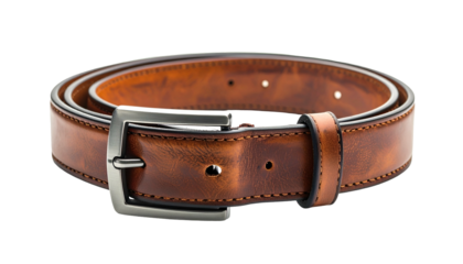 Brown leather belt with silver buckle on black background, showcasing details