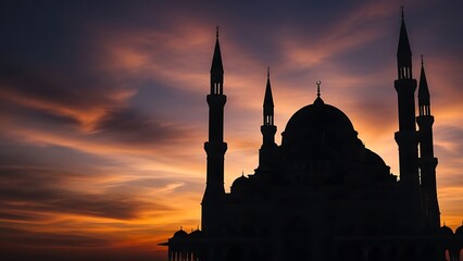 Silhouette of a Grand Mosque Against a Vibrant Sunset Sky.