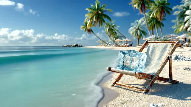 Serene tropical beach scene with palm trees turquoise waters and relaxing lounge chair