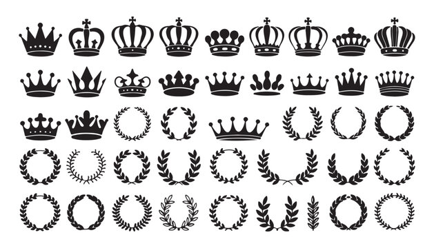 Crown and laurel wreath vector icon collection set for victory achievement awards and royal heraldry symbols