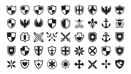 Assortment of shields eagles anchors fleur de lis swords crosses and floral elements © Stock