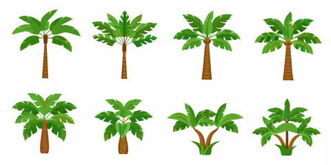 A collection of vibrant cartoon palm trees in various shapes and sizes © Tithi