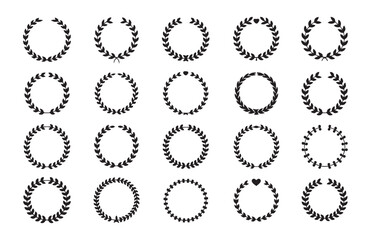 Laurel wreath collection: set of twenty black isolated laurel wreaths on white background in four rows
