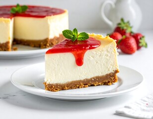 Delicious Cheesecake Slice with Strawberry Topping and Fresh Mint.