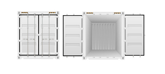 Shipping cargo containers with open, closed doors realistic set. Steel freight boxes for storage, transportation. Vector ship container.