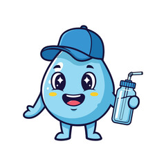 Cute water drop mascot character wearing a cap holding a drink bottle