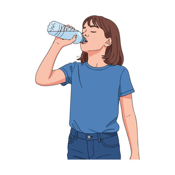 Young girl drinking bottled water staying hydrated