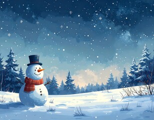 Snowman in a serene winter landscape. Sky filled with stars and snowflakes. Peaceful and festive painting style