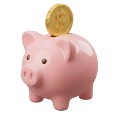 Pink piggy bank with a golden dollar coin being inserted, symbolizing savings and financial growth.