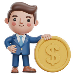 3D cartoon businessman character in a blue suit leaning on a large golden dollar coin, representing finance and investment concepts.