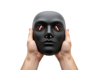hands holding a anonymous black mask on transparent background
