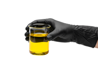 hand with black glove holding a yellow liquid on transparent background