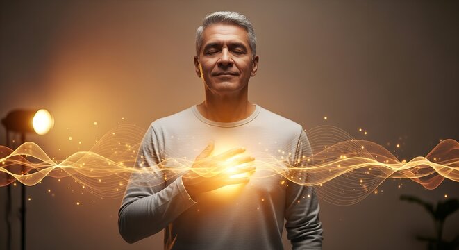 Serene mature man with closed eyes and hand on chest glowing with golden light, symbolizing inner peace concept and healing energy flow