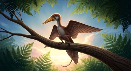 Obraz premium Prehistoric flying dinosaur, a small pterodactyl, perched on a tree branch among green ferns in a Jurassic landscape for educational material.