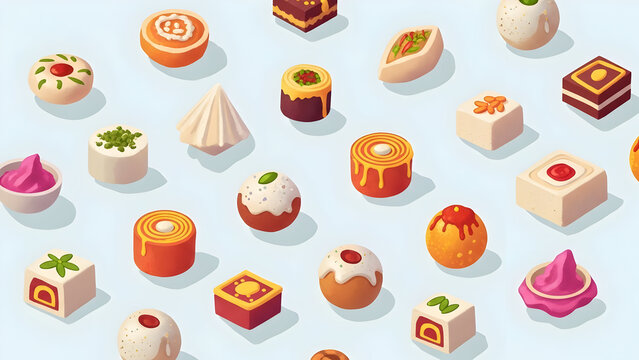 &ldquo;Colorful seamless vector pattern showcasing iconic Indian mithai in flat style. Gujiya, Laddu, and Jalebi blended into a joyful festive snack background