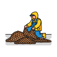 Fisherman Handling Fishing Net Illustration.