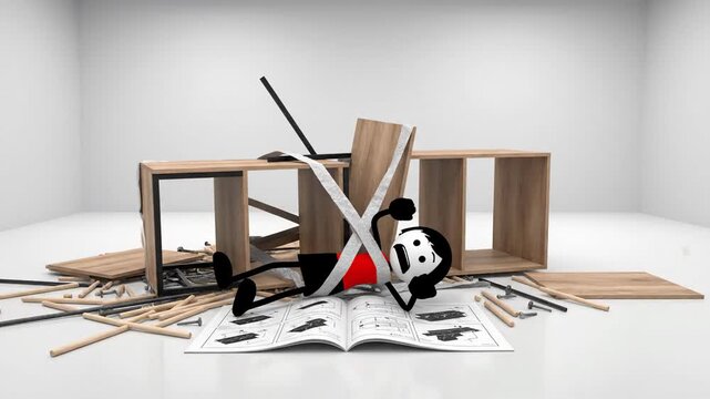 3D Character Struggles with DIY Furniture Assembly Frustration and Collapse.