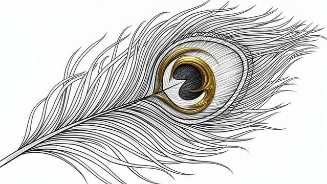 High-end spiritual vector featuring detailed line art of Krishna&rsquo;s peacock feather with a dynamic 3D liquid gold eye. Ideal for luxury devotional and cultural artwork