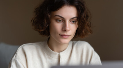 Young woman, casual sweater, home office, natural light, focused expression, remote work with calm mood