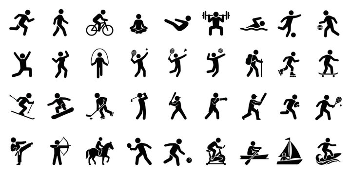 Big Set of 36 Sports and Fitness Activity Icons, Minimalist Black Silhouette Stick Figures for Smartwatch UI, Workout Tracker and Health App Vector Symbols