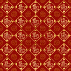 Traditional Asian Red and Gold Dragon Pattern with Geometric Design for Textiles and Wallpapers