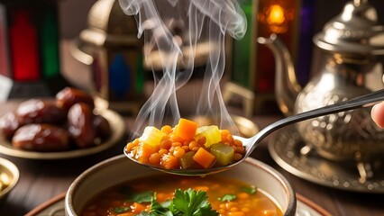 Steaming hot lentil soup served in a bowl with traditional Moroccan tea pot and dates in the background.