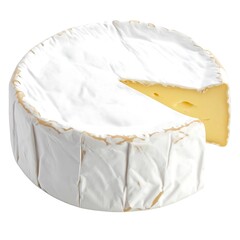 Round of brie, creamy yellow interior visible from sliced portion, white mold rind isolated on a white background