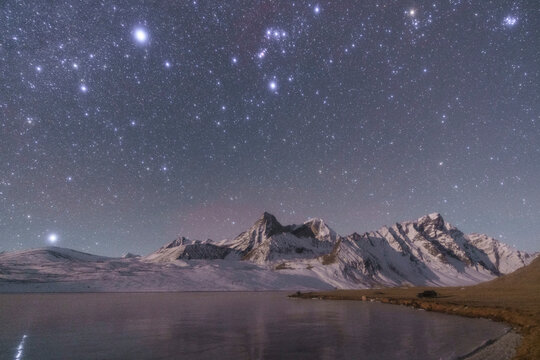 Ama Drimi Snow Mountain and Lake Under Starry Night Sky - Tibet Landscape