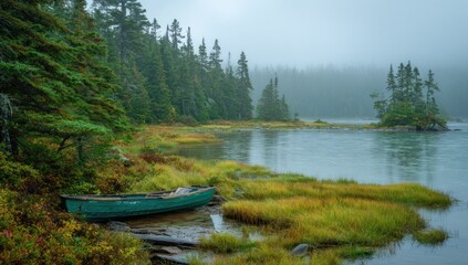 A serene lakeside scene with a boat, evergreen trees, and a misty ambiance